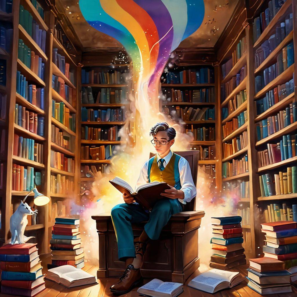 A whimsical library filled with towering stacks of colorful books, where a character resembling Morris Lessmore joyfully interacts with animated book characters swirling around him. Soft, warm lighting illuminates his face as he reads, surrounded by floating pages and magical dust. A sense of adventure and imagination radiates from the scene. vibrant colors. painting.