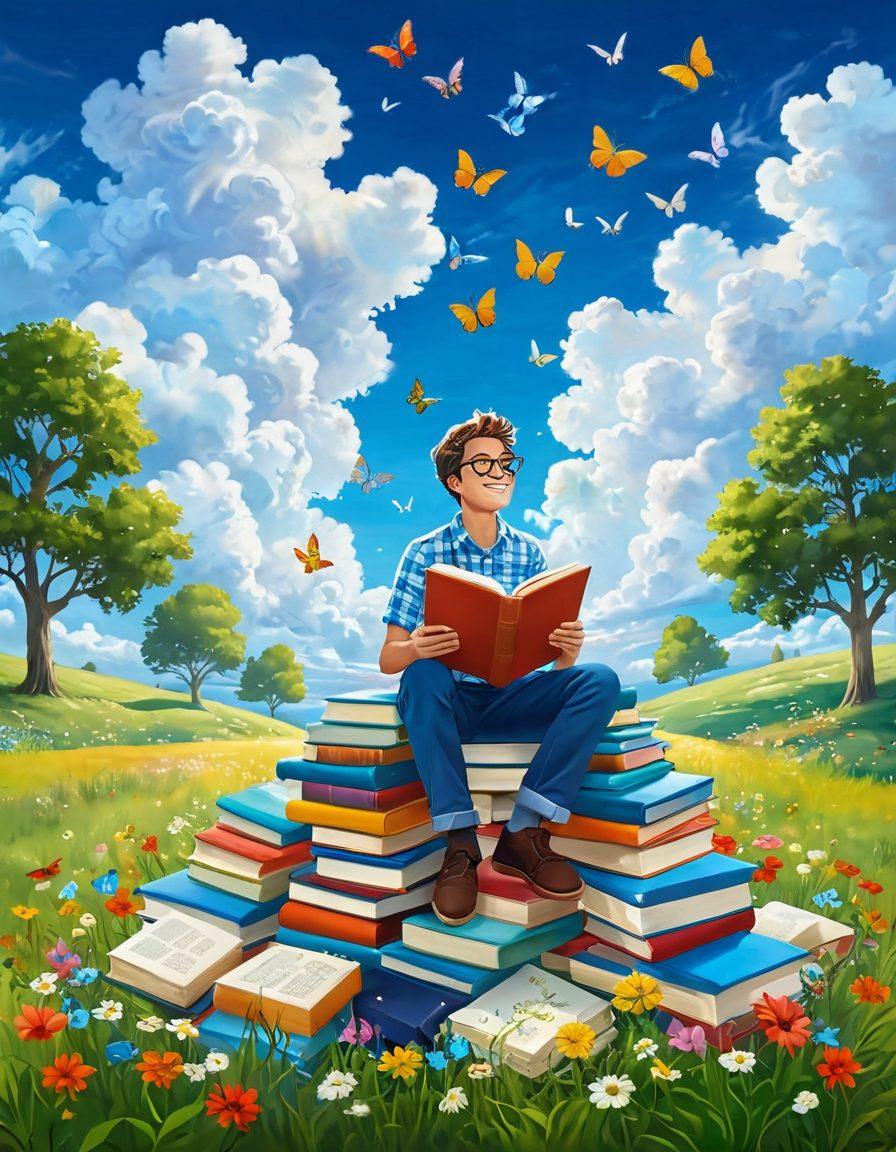 A whimsical and colorful scene featuring a joyful character, Morris Lessmore, surrounded by floating books that burst with vibrant stories and adventures. He stands in a sunlit meadow filled with blooming flowers and gentle butterflies, embodying the essence of happiness and discovery. The sky is bright and blue, with fluffy clouds adding a dreamy touch to the atmosphere. Emphasize a sense of wonder and enchantment in the artwork. vibrant colors. illustration style.