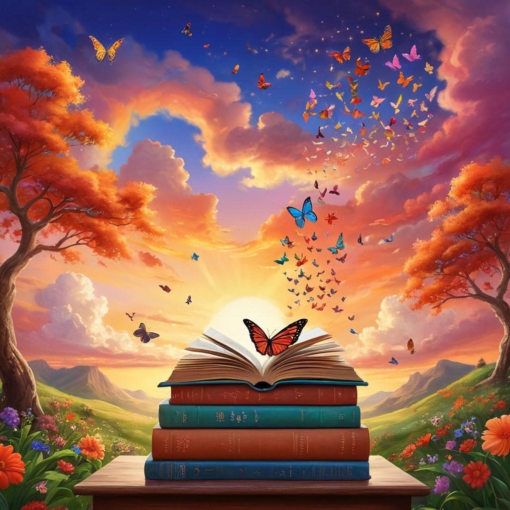 A whimsical scene depicting a vibrant world filled with books fluttering like butterflies around Morris Lessmore, a joyful character with a carefree expression. The backdrop features a colorful sky with fluffy clouds, symbolizing boundless imagination. Elements of nature intertwined with literary symbols, like trees made of open books and flowers shaped like quills. Bright colors radiate warmth and happiness, inviting viewers to explore the essence of blissful living. illustration, vibrant colors, enchanting style.